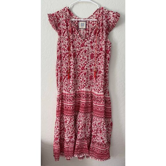 Bell by Alicia Bell Red Block Print Silk Cotton Maxi Dress Size Medium - Picture 2 of 7